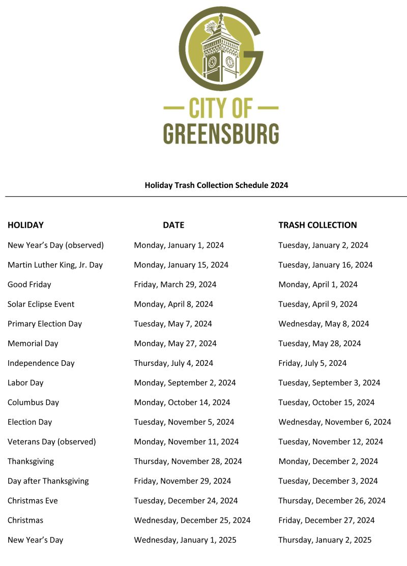 Curbside Holiday Schedule Decatur County Solid Waste Management